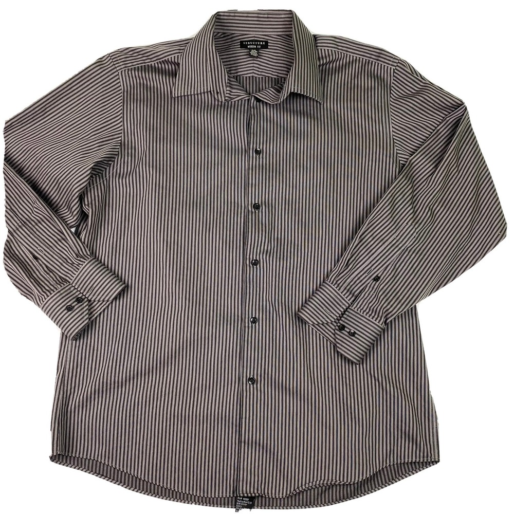 Structure Shirt Mens Large Modern Fit Button Up Black Gray Striped Casual